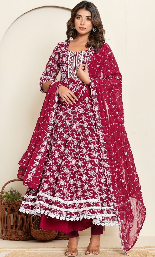 Dotted Maroon Anarkali Set