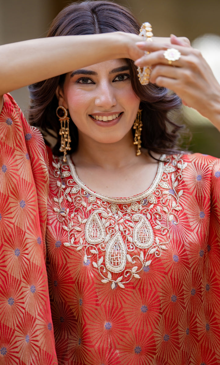 Evara Orange Brocade Cape Set