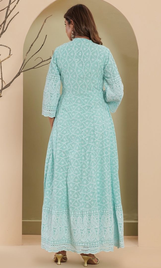 Ice Blue Chikankari Anarkali Set