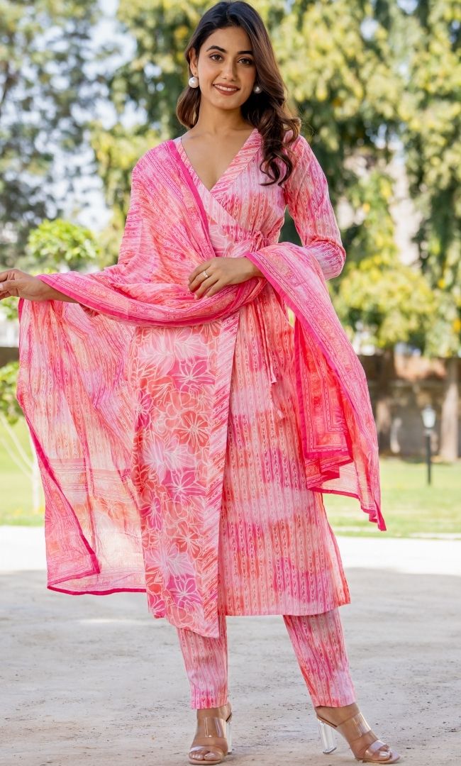 Flamingo Pink Cotton Angrakha Set