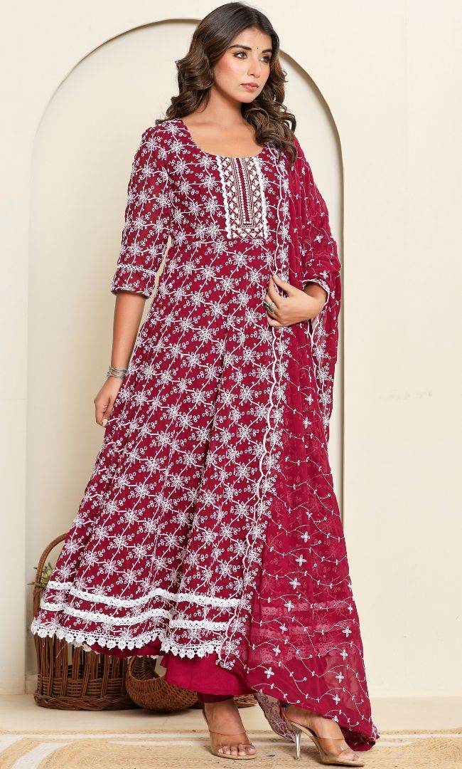 Dotted Maroon Anarkali Set