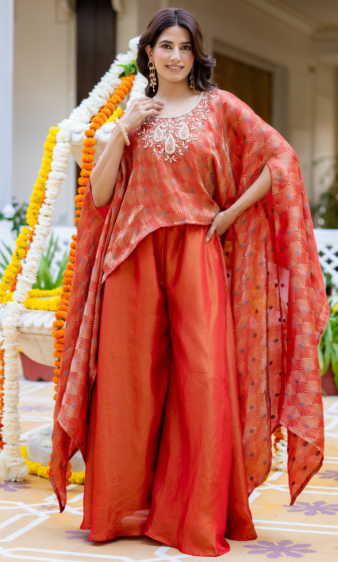 Evara Orange Brocade Cape Set