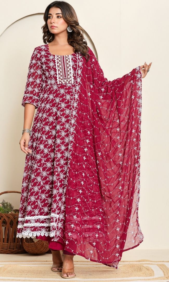 Dotted Maroon Anarkali Set