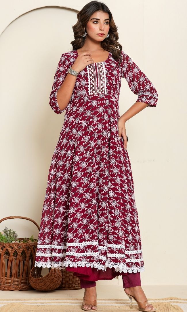 Dotted Maroon Anarkali Set