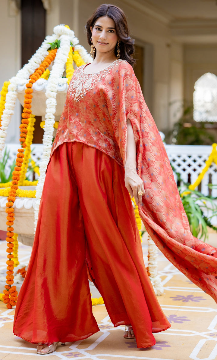 Evara Orange Brocade Cape Set