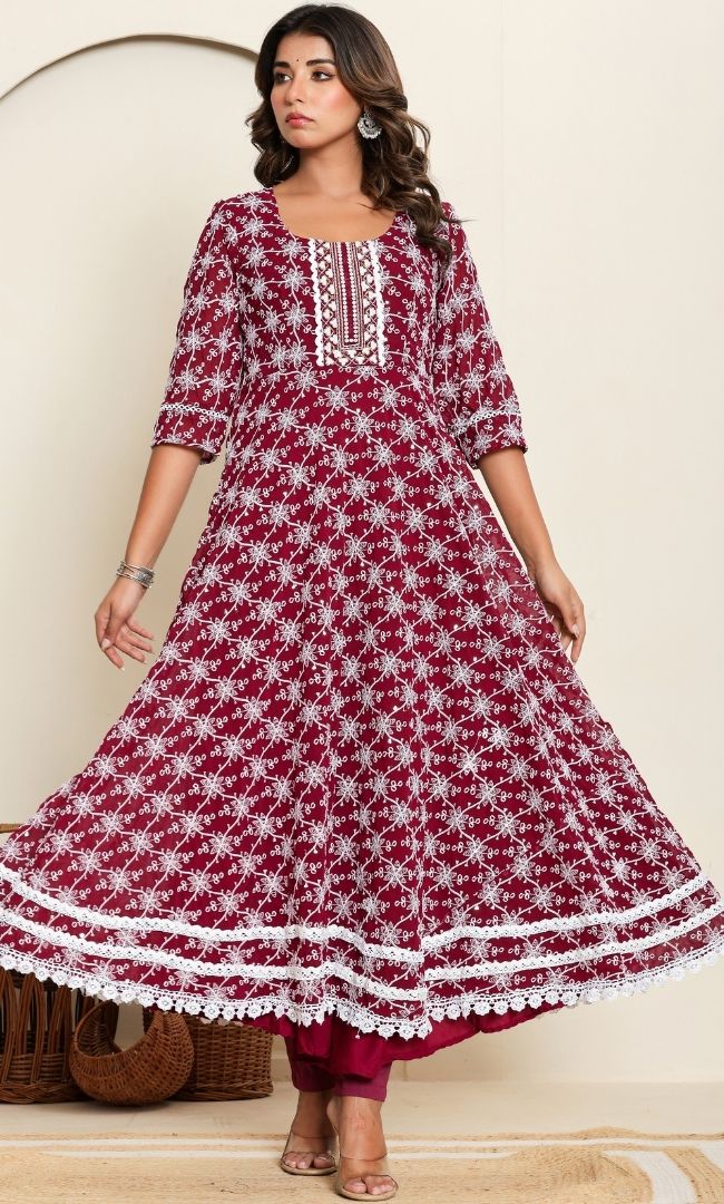 Dotted Maroon Anarkali Set