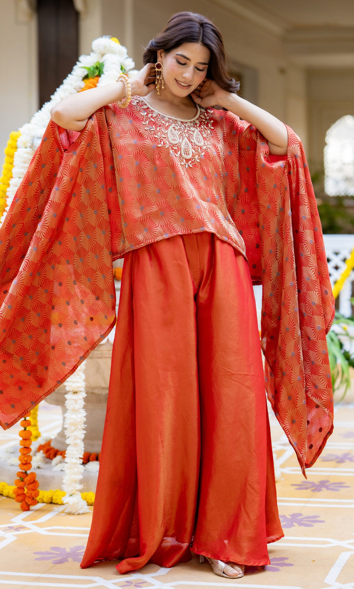 Evara Orange Brocade Cape Set