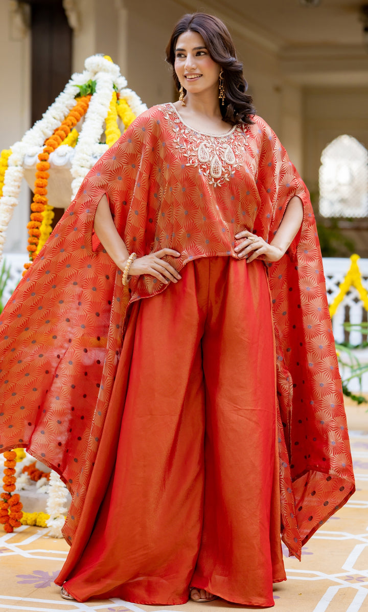 Evara Orange Brocade Cape Set
