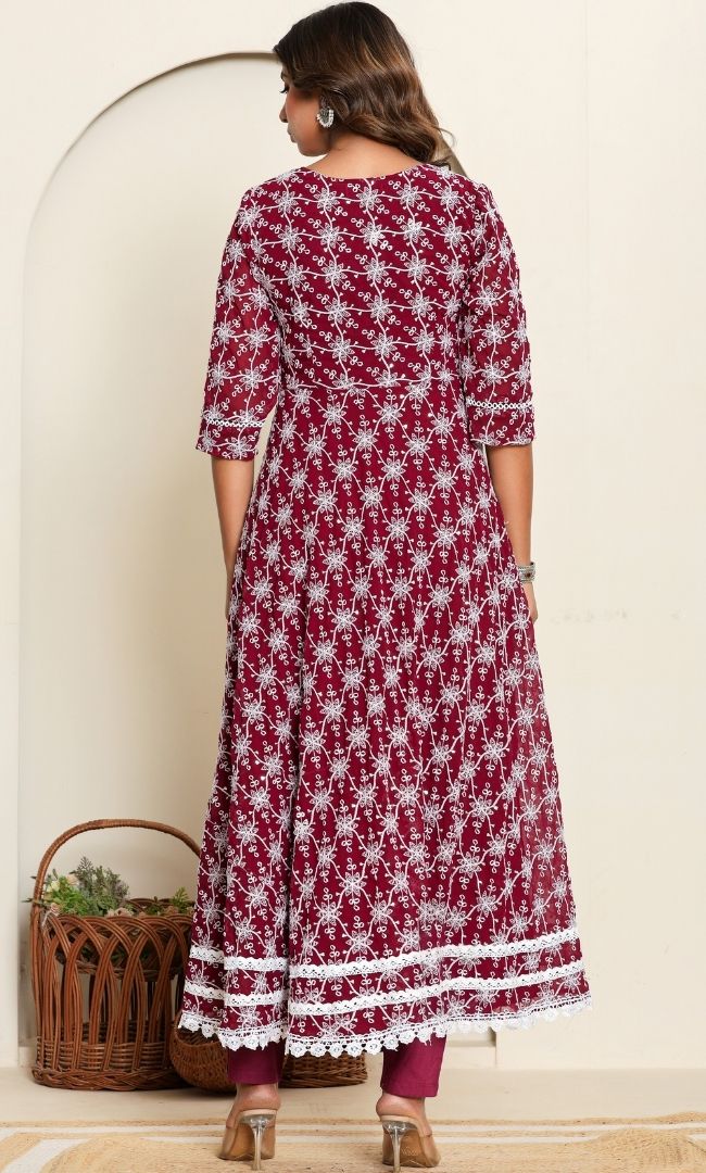 Dotted Maroon Anarkali Set