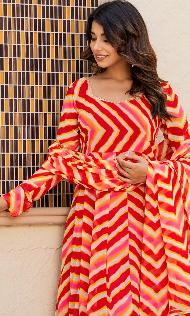 Leheriya Red Anarkali Set