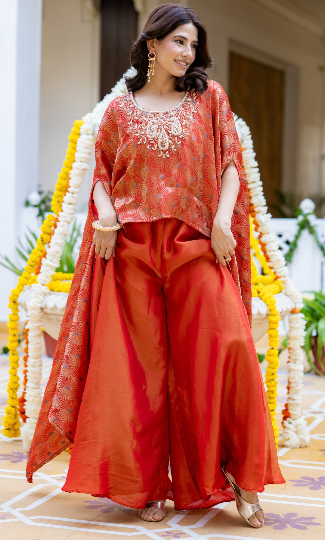Evara Orange Brocade Cape Set