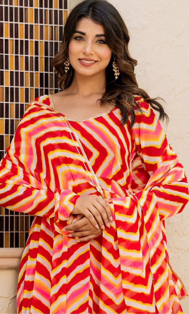 Leheriya Red Anarkali Set
