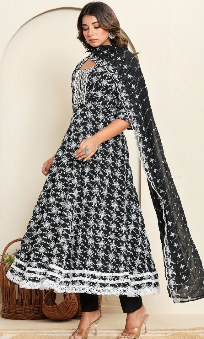 Dotted Black Anarkali Set