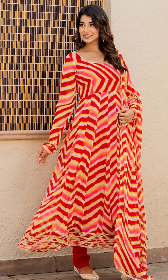 Leheriya Red Anarkali Set