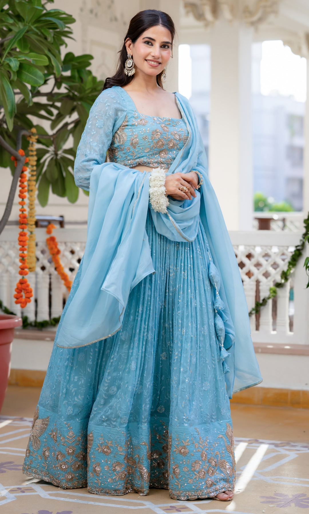 Aasmaani Blue Organza Lehenga Set