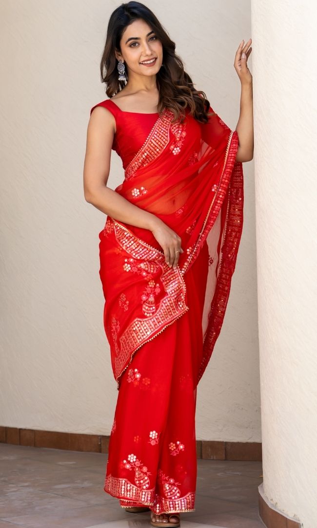 Blush Red Mirror Work Saree