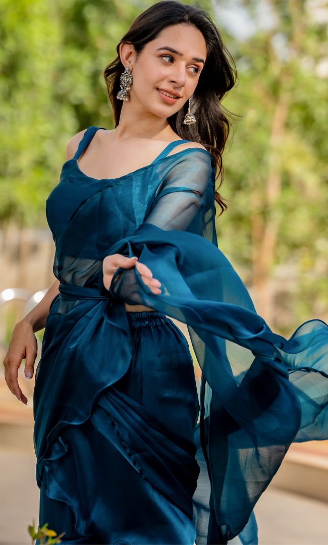 Prussian Shimmer Ruffle Saree