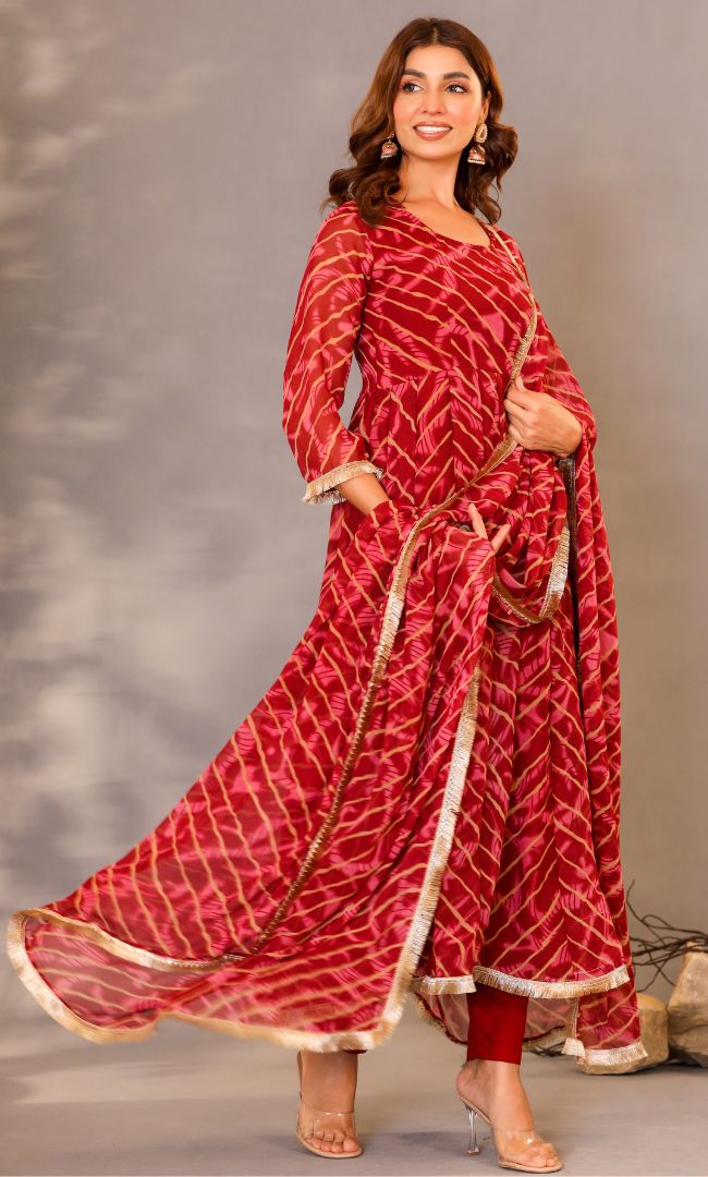 Maroon Leheriya Anarkali Set