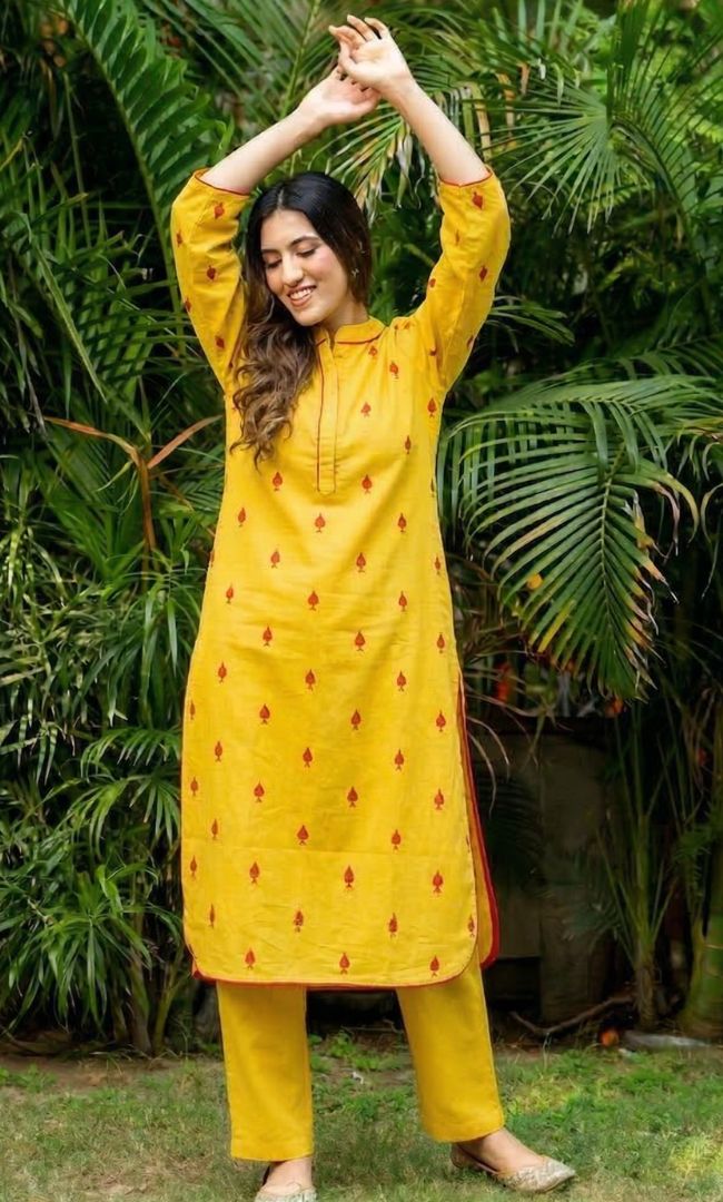 Yellow Red Pikes Spades Cotton Kurta Set