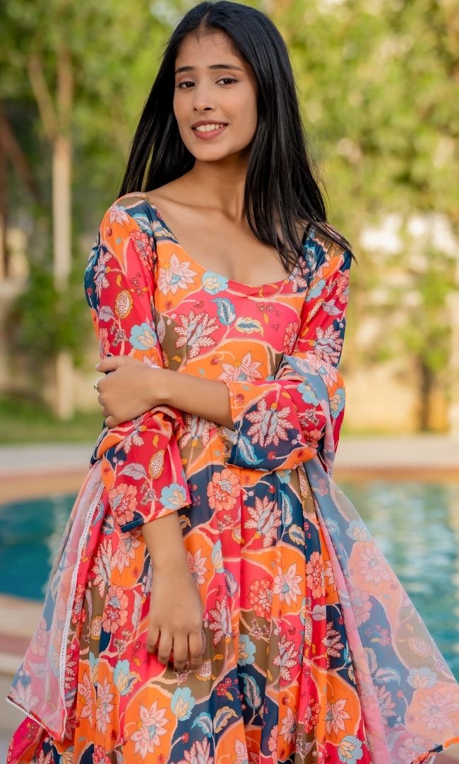 Tiara Orange Floral Anarkali Set