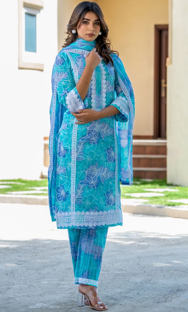 Aqua Printed Cotton Suit Set