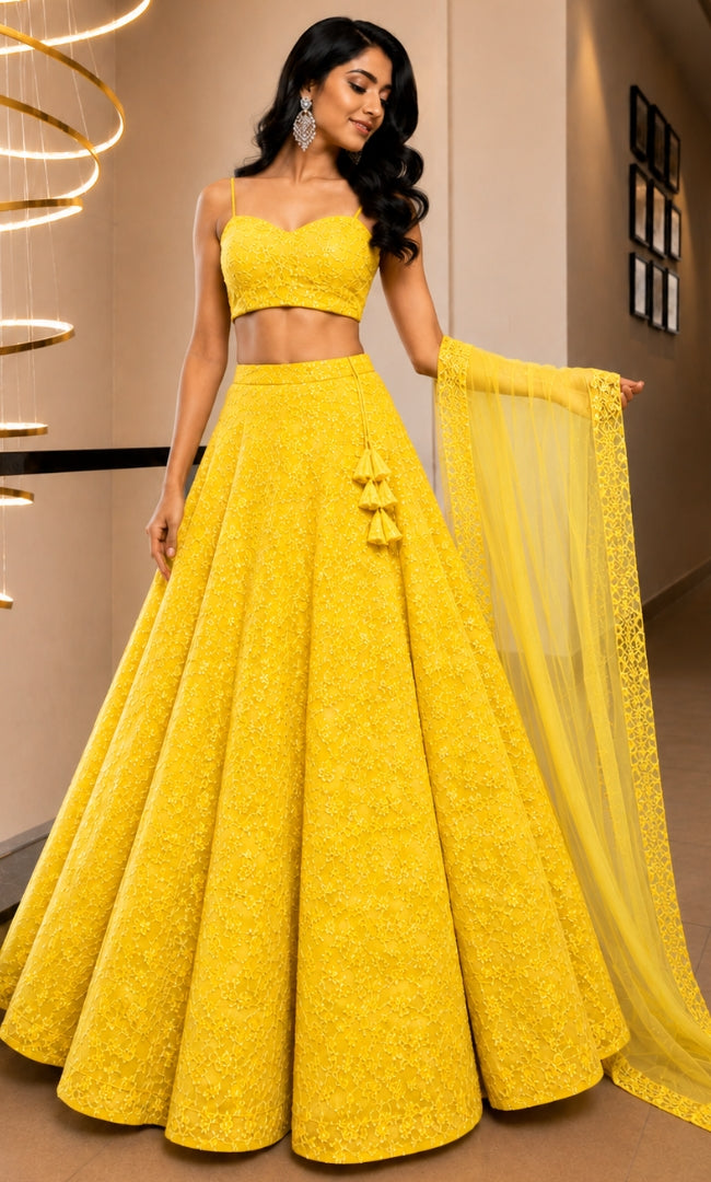 Yellow Floral Sequin Embroidery Lehenga Set