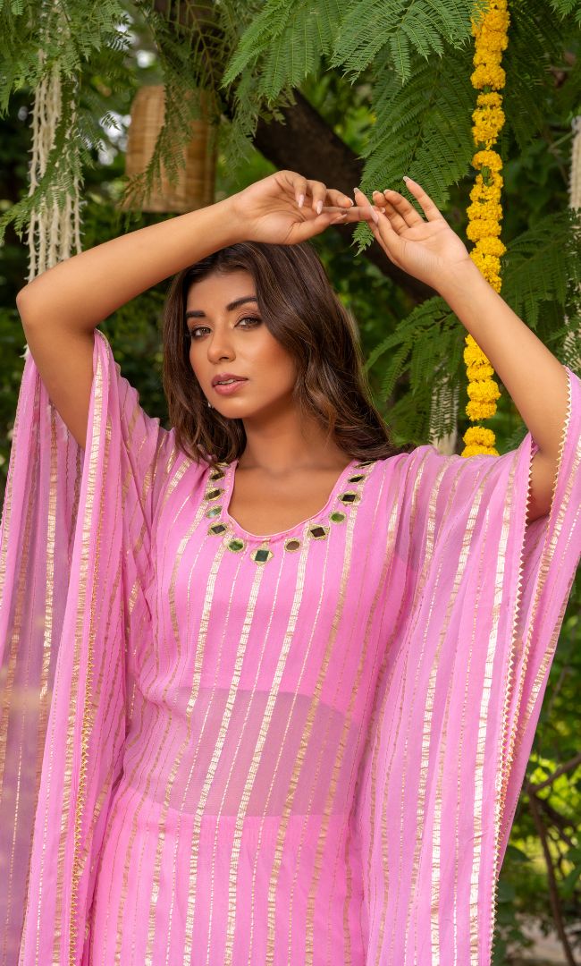 Baby Pink Mirror Work Kaftan Set