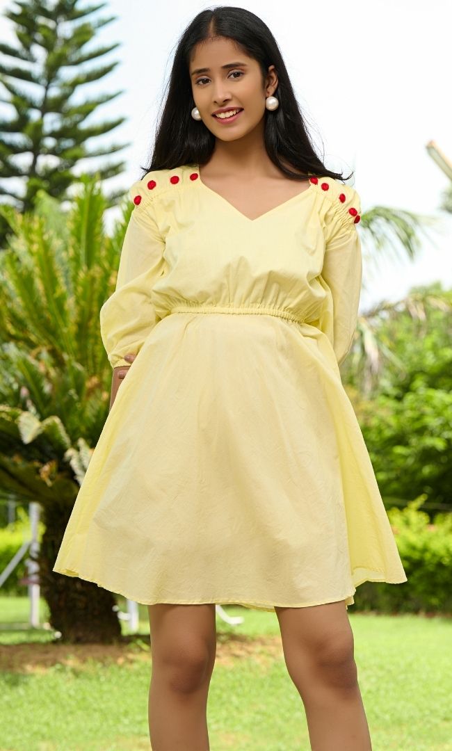 Yellow Cotton Dress With Rose