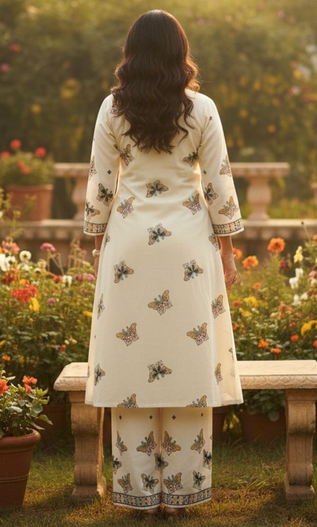 Embroidered White Cotton Butterfly Kurta