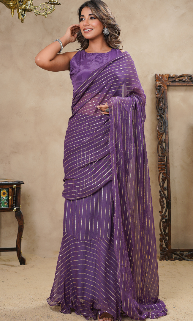 Stripen purple drape saree