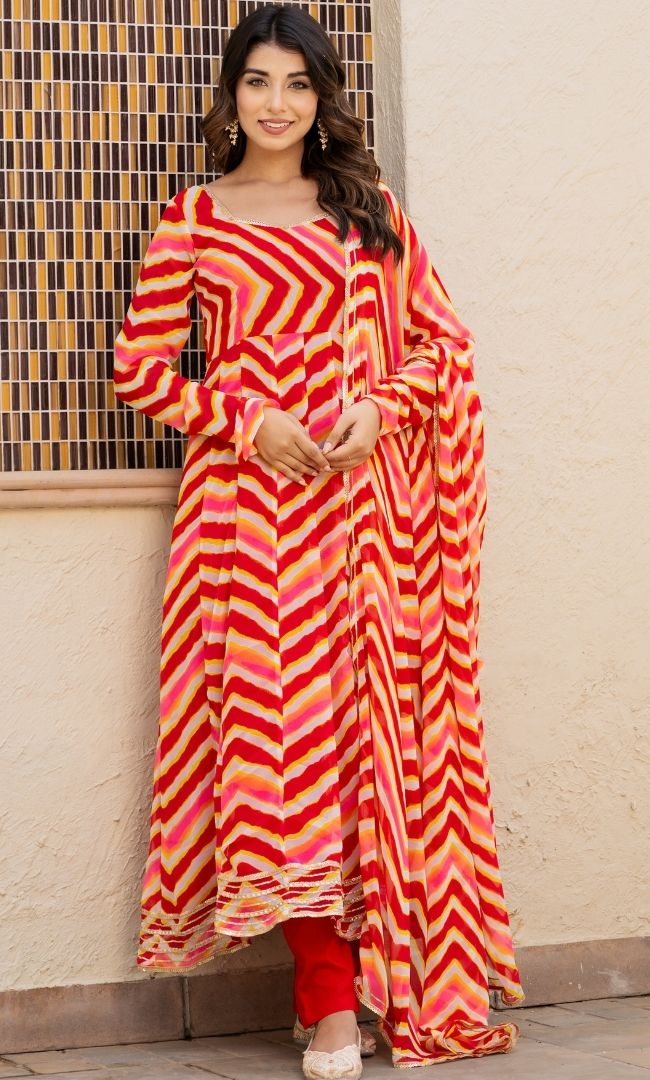 Leheriya Red Anarkali Set