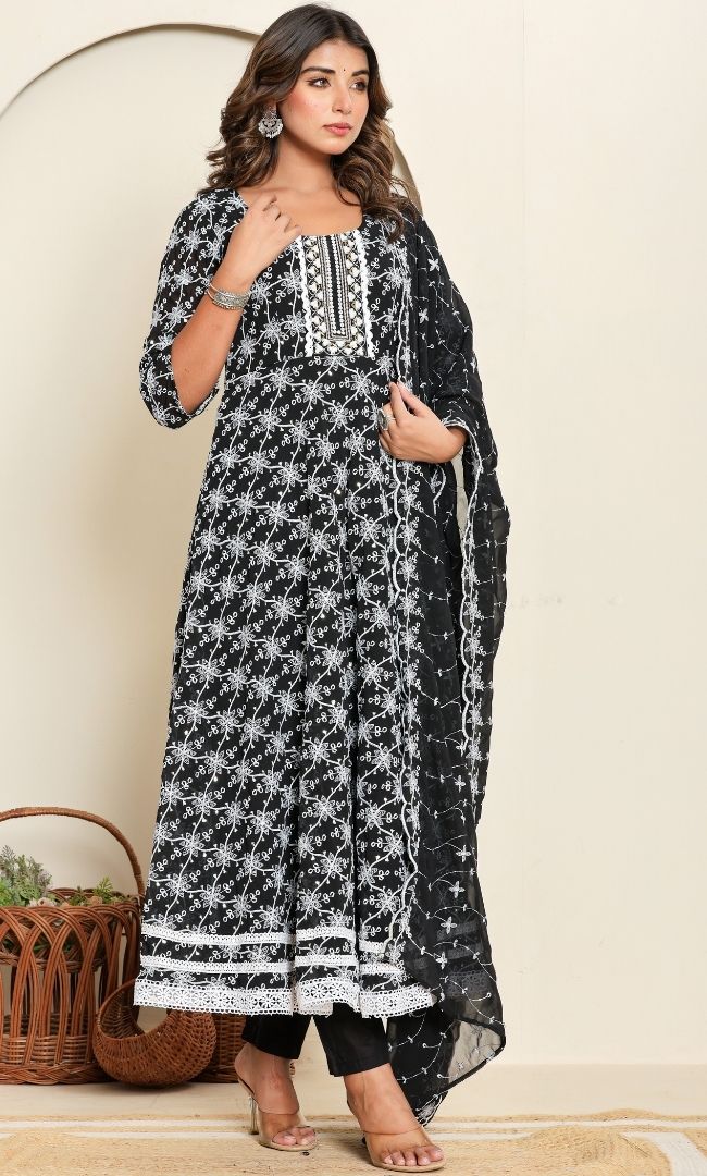Dotted Black Anarkali Set