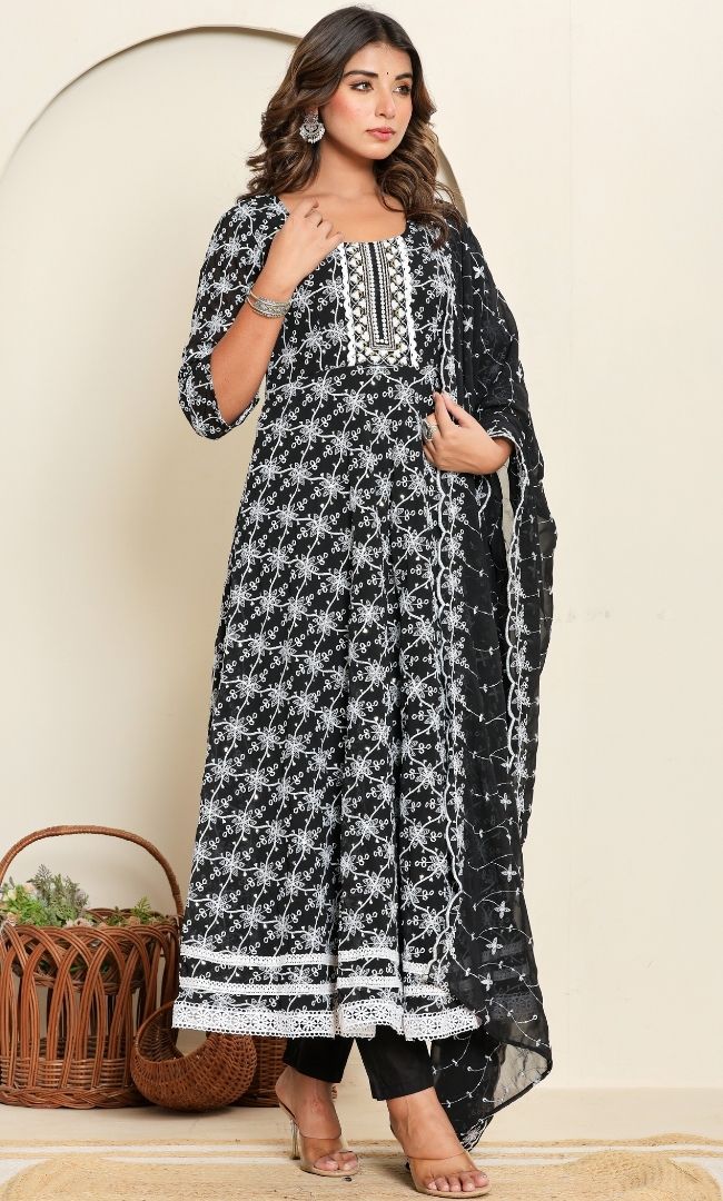 Dotted Black Anarkali Set