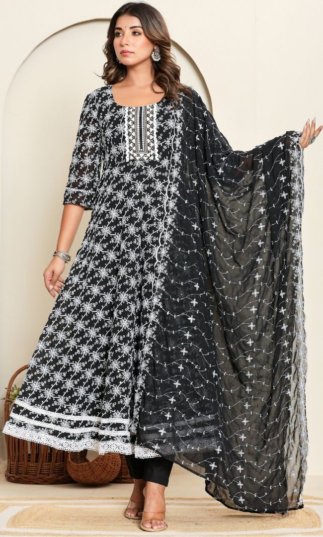 Dotted Black Anarkali Set