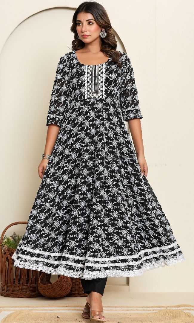 Dotted Black Anarkali Set