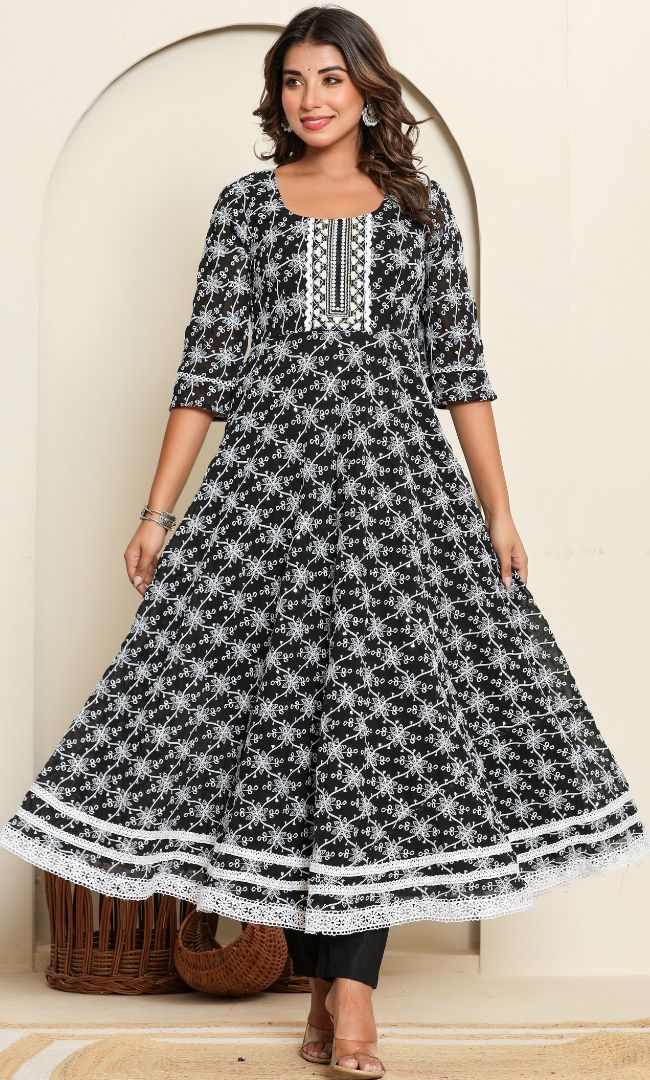 Dotted Black Anarkali Set
