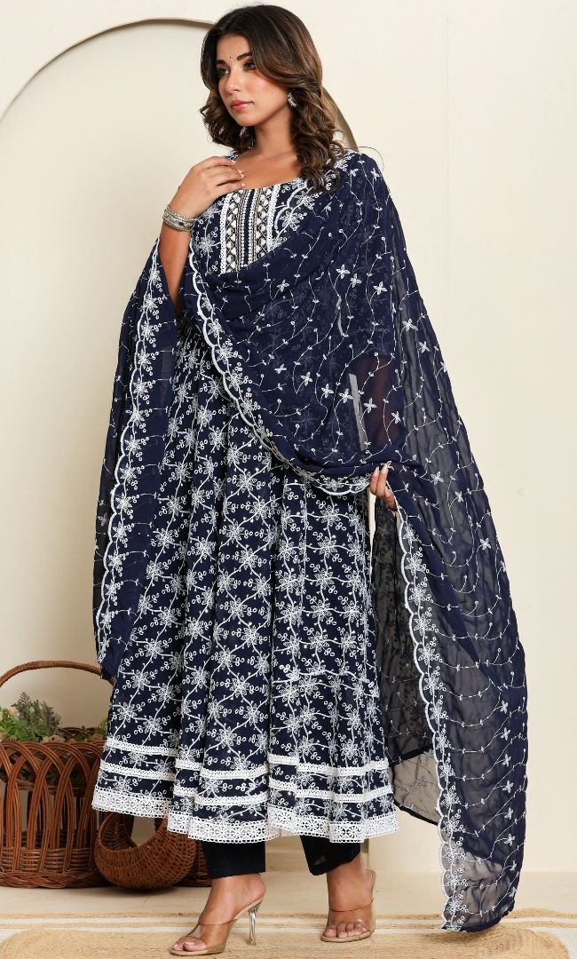 Dotted Navy Blue Anarkali Set