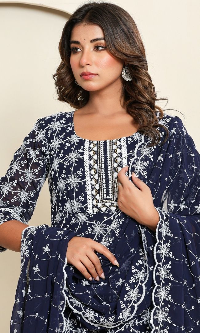Dotted Navy Blue Anarkali Set