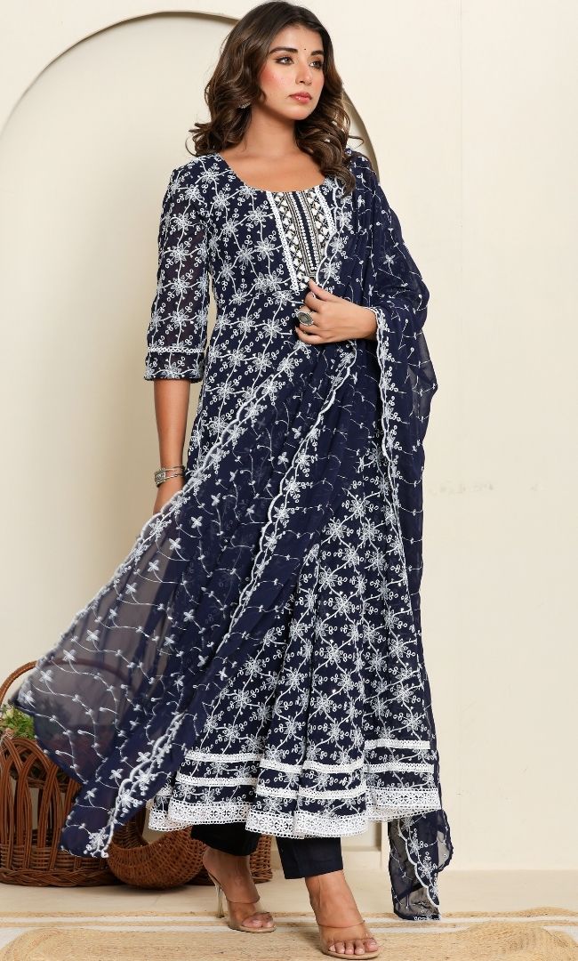 Dotted Navy Blue Anarkali Set