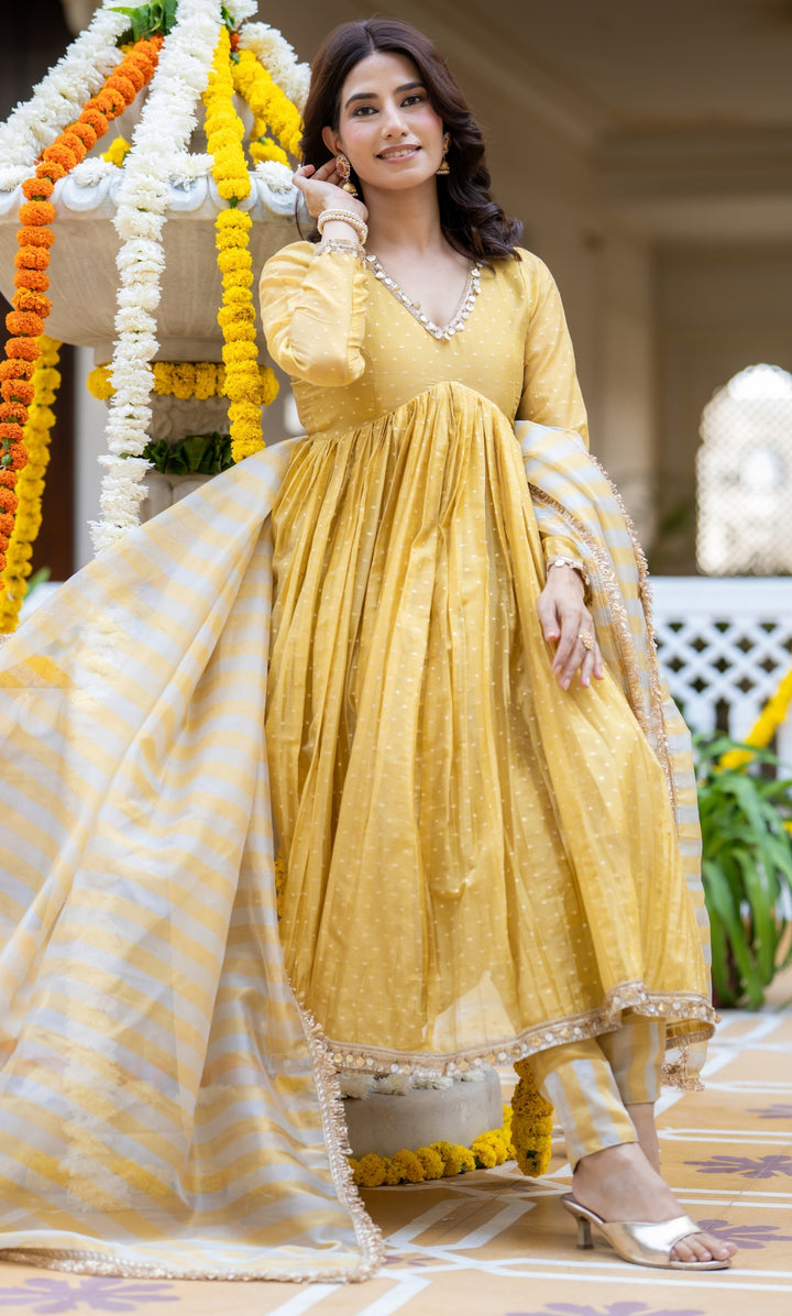 Yumna Yellow Tissue Anarkali Suit Set