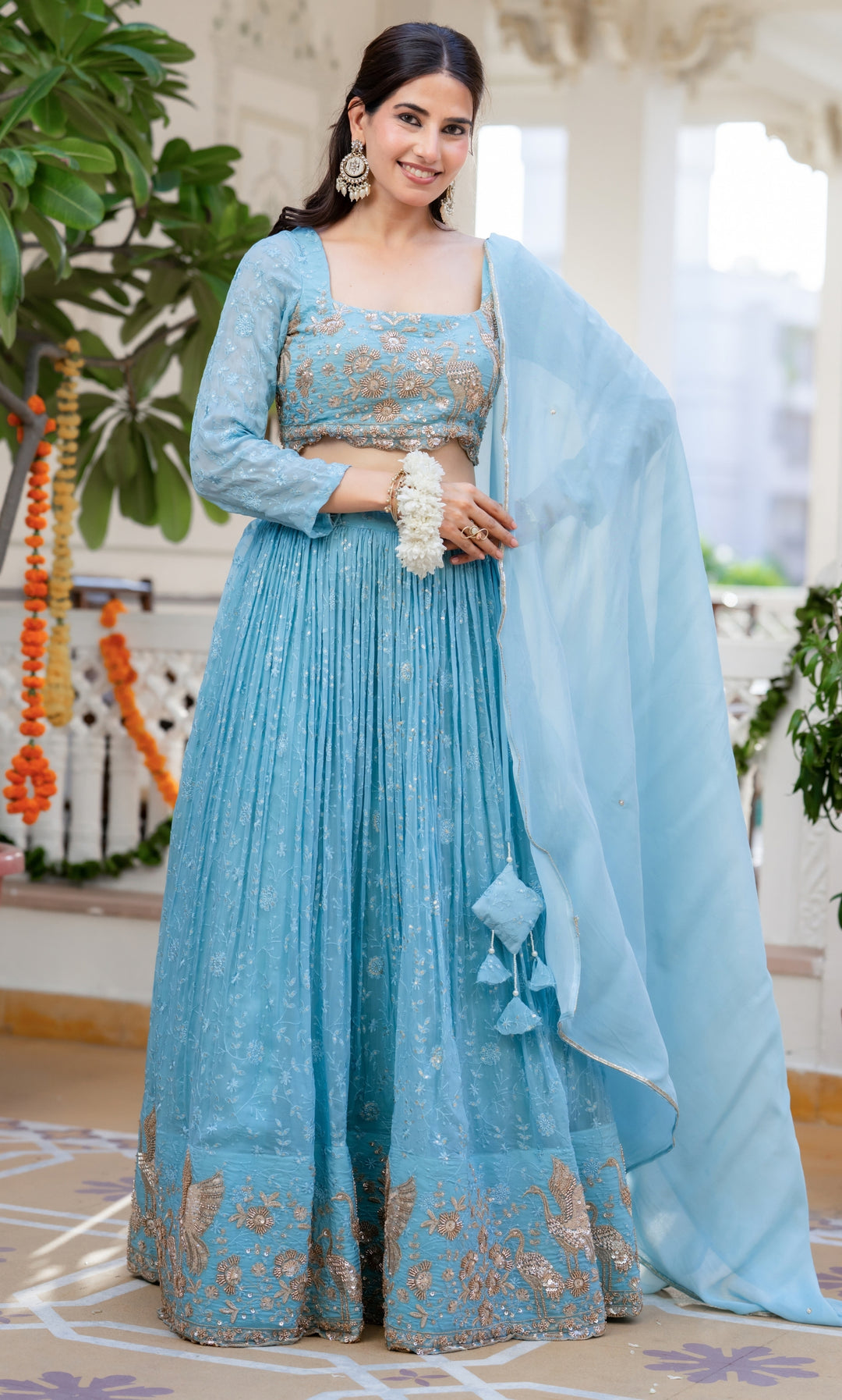 Aasmaani Blue Organza Lehenga Set