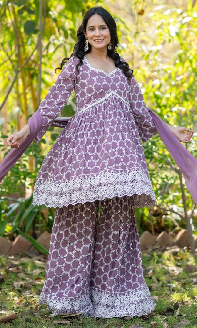 Mauve Chikankari Sharara Set