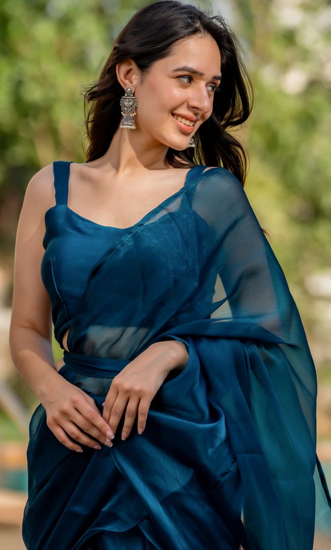 Prussian Shimmer Ruffle Saree