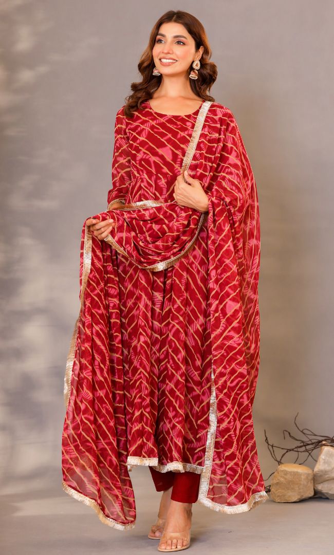 Maroon Leheriya Anarkali Set