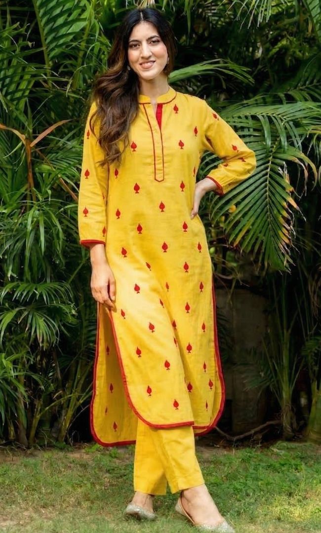 Yellow Red Pikes Spades Cotton Kurta Set