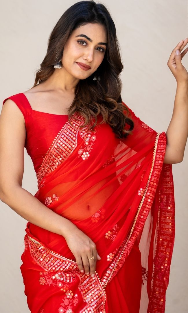 Blush Red Mirror Work Saree