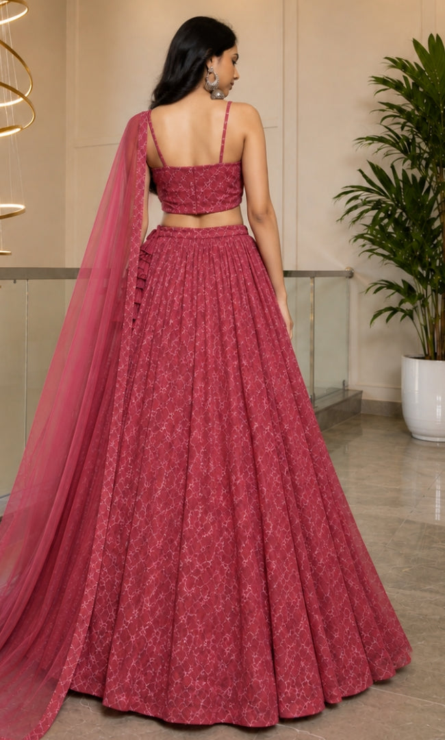 Berry Rose Jaal Embroidery Lehenga Set