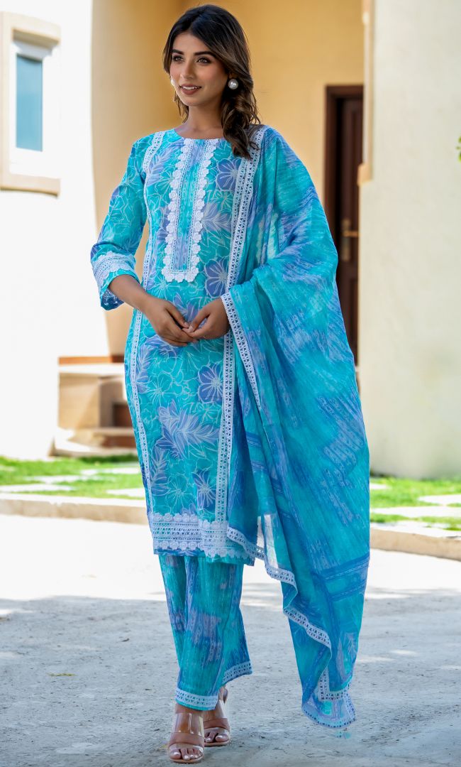 Aqua Printed Cotton Suit Set