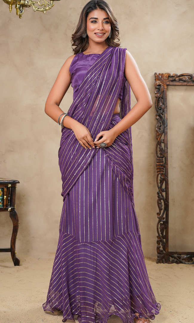 Stripen purple drape saree