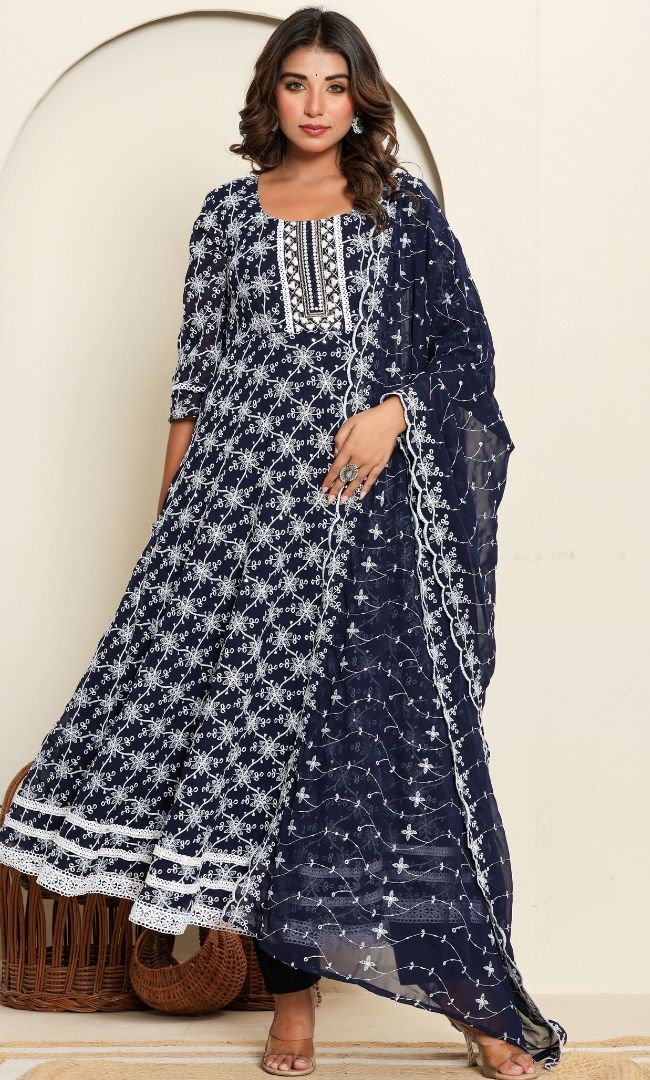 Dotted Navy Blue Anarkali Set